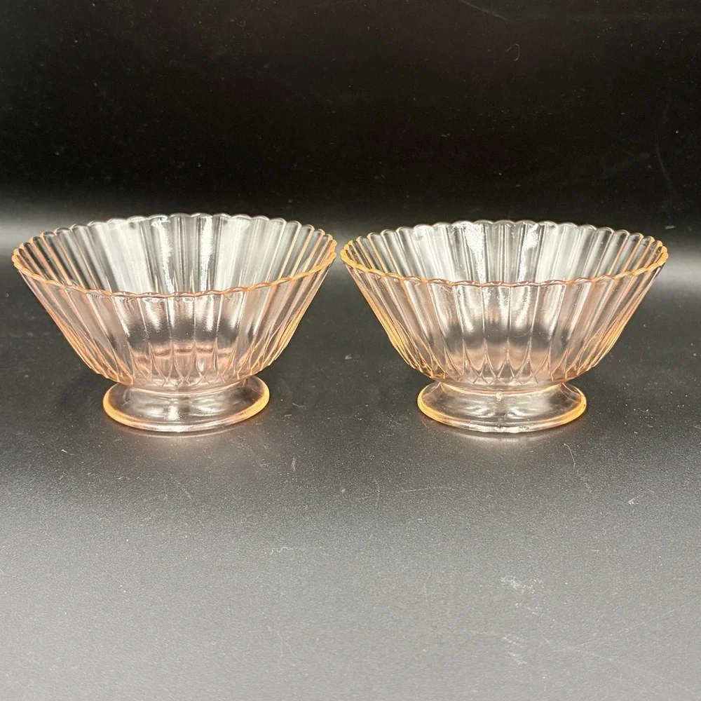Pink Depression Glass Petal Ware Fruit Cup Ribbed Scalloped‎ Set Of 2 Small